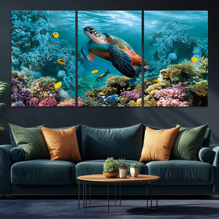 Sea Turtle and Coral Reef Triptych Wall Art – Vibrant Underwater Scene Canvas Set for Ocean Lovers and Coastal Decor – Ready to Hang 3-Panel