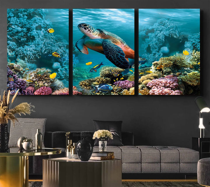 Sea Turtle and Coral Reef Triptych Wall Art – Vibrant Underwater Scene Canvas Set for Ocean Lovers and Coastal Decor – Ready to Hang 3-Panel