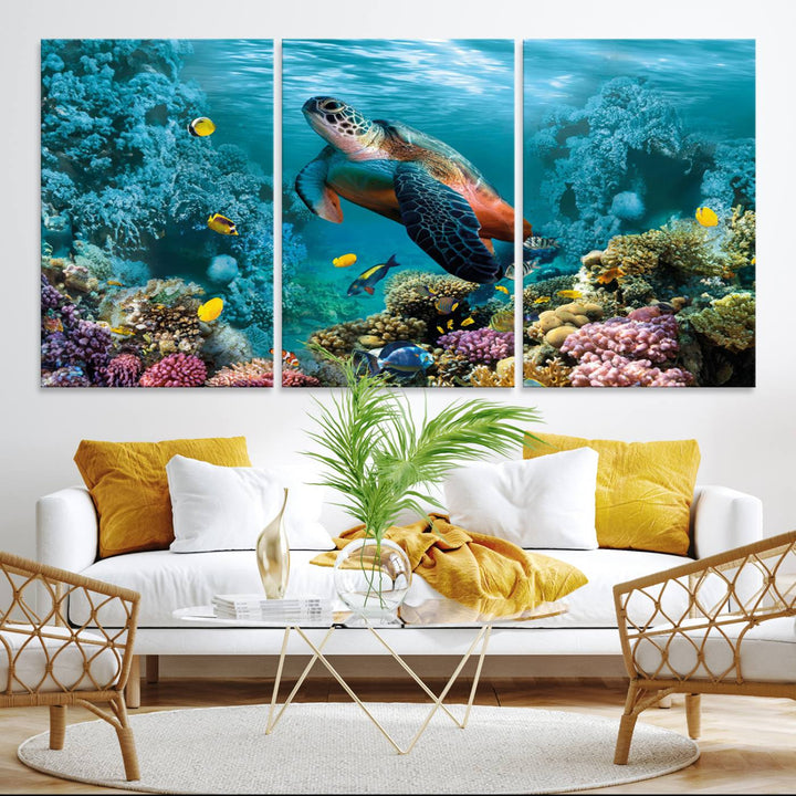 Sea Turtle and Coral Reef Triptych Wall Art – Vibrant Underwater Scene Canvas Set for Ocean Lovers and Coastal Decor – Ready to Hang 3-Panel