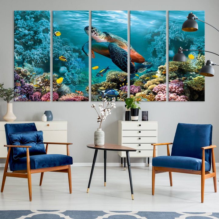 Sea Turtle and Coral Reef Triptych Wall Art – Vibrant Underwater Scene Canvas Set for Ocean Lovers and Coastal Decor – Ready to Hang 3-Panel