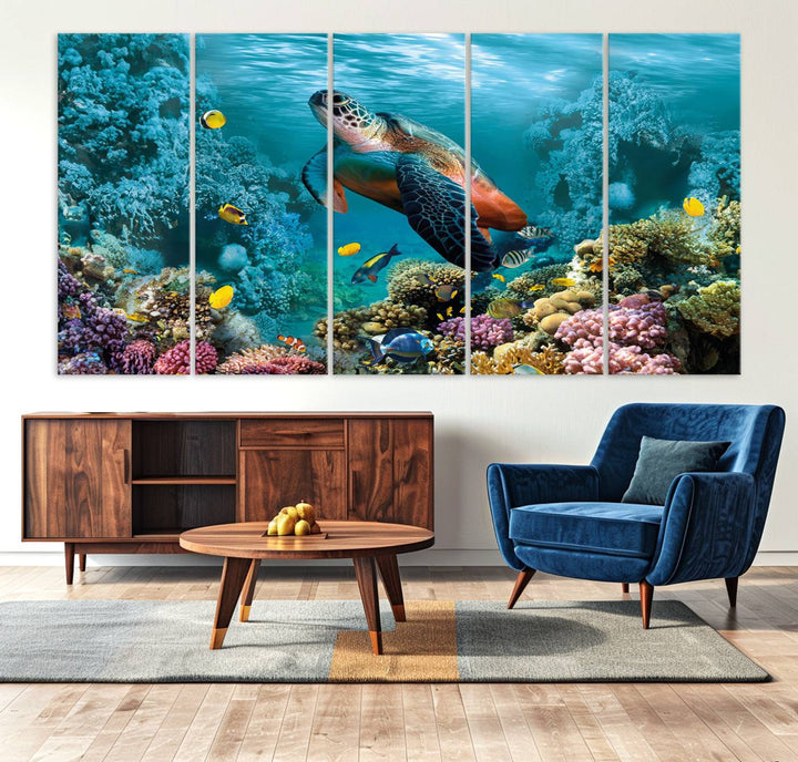 Sea Turtle and Coral Reef Triptych Wall Art – Vibrant Underwater Scene Canvas Set for Ocean Lovers and Coastal Decor – Ready to Hang 3-Panel