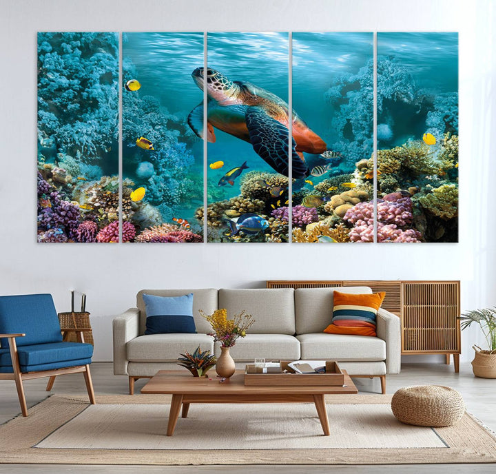 Sea Turtle and Coral Reef Triptych Wall Art – Vibrant Underwater Scene Canvas Set for Ocean Lovers and Coastal Decor – Ready to Hang 3-Panel