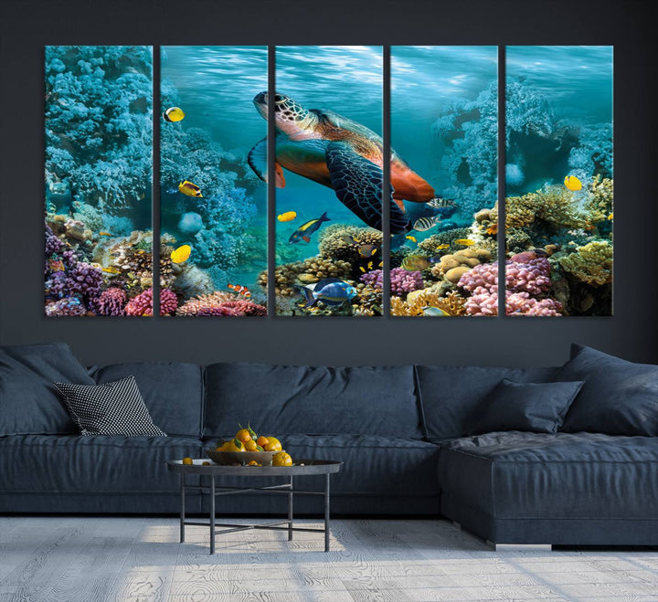 Sea Turtle and Coral Reef Triptych Wall Art – Vibrant Underwater Scene Canvas Set for Ocean Lovers and Coastal Decor – Ready to Hang 3-Panel
