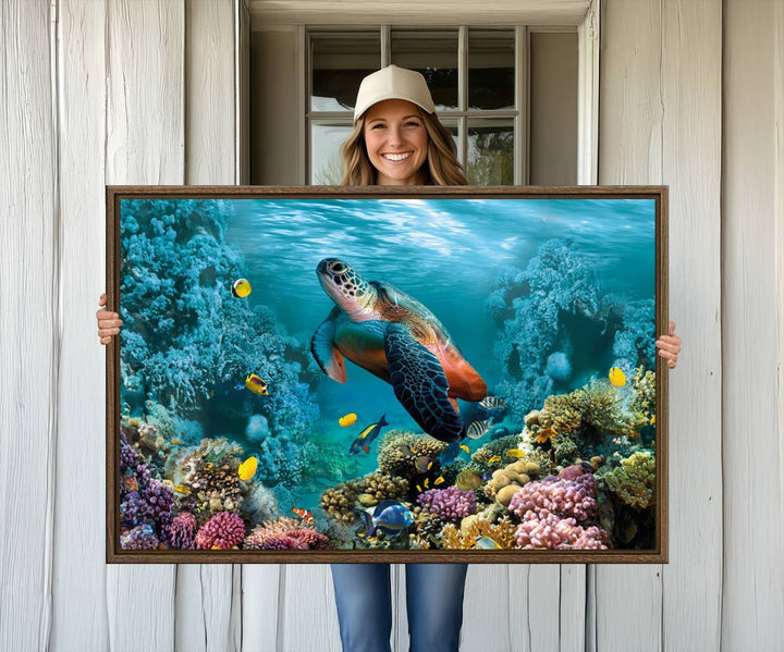 38661-MGV-CV-36X24-Sea Turtle and Coral Reef Triptych Wall Art – Vibrant Underwater Scene Canvas Set for Ocean Lovers and Coastal Decor – Ready to Hang 3-Panel