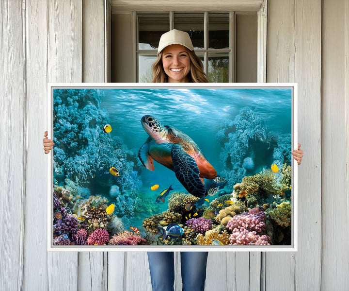 38661-MGV-CV-36X24-Sea Turtle and Coral Reef Triptych Wall Art – Vibrant Underwater Scene Canvas Set for Ocean Lovers and Coastal Decor – Ready to Hang 3-Panel