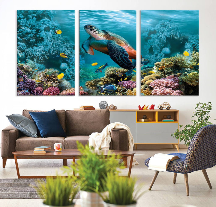 Sea Turtle and Coral Reef Triptych Wall Art – Vibrant Underwater Scene Canvas Set for Ocean Lovers and Coastal Decor – Ready to Hang 3-Panel