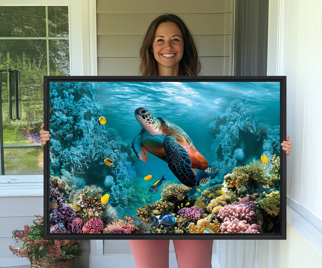 38661-MGV-CV-36X24-Sea Turtle and Coral Reef Triptych Wall Art – Vibrant Underwater Scene Canvas Set for Ocean Lovers and Coastal Decor – Ready to Hang 3-Panel