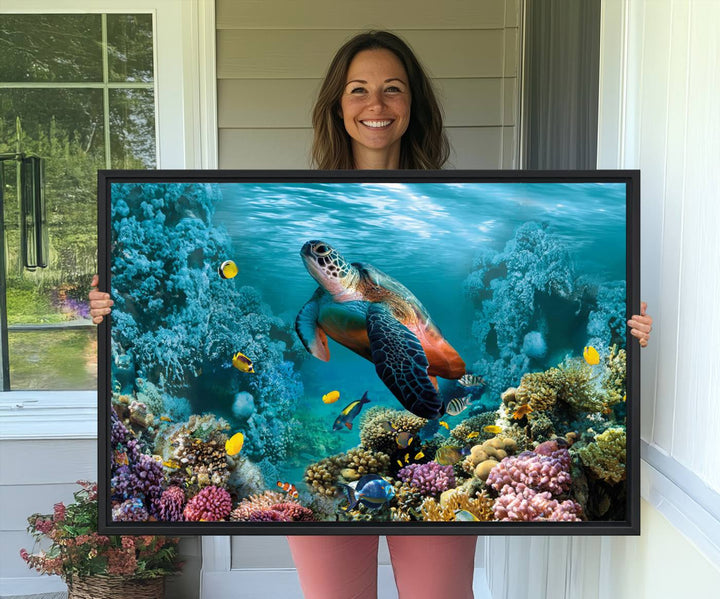 38661-MGV-CV-36X24-Sea Turtle and Coral Reef Triptych Wall Art – Vibrant Underwater Scene Canvas Set for Ocean Lovers and Coastal Decor – Ready to Hang 3-Panel