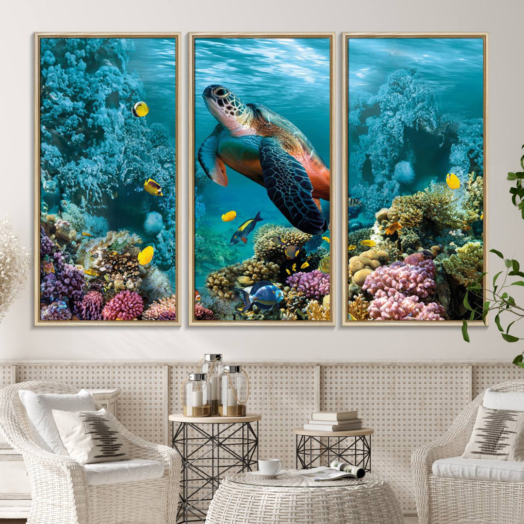 38661-MGV-CV-36X24-Sea Turtle and Coral Reef Triptych Wall Art – Vibrant Underwater Scene Canvas Set for Ocean Lovers and Coastal Decor – Ready to Hang 3-Panel