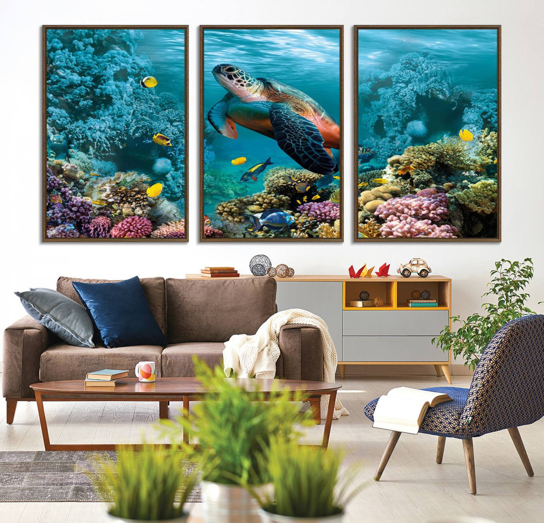 38661-MGV-CV-36X24-Sea Turtle and Coral Reef Triptych Wall Art – Vibrant Underwater Scene Canvas Set for Ocean Lovers and Coastal Decor – Ready to Hang 3-Panel