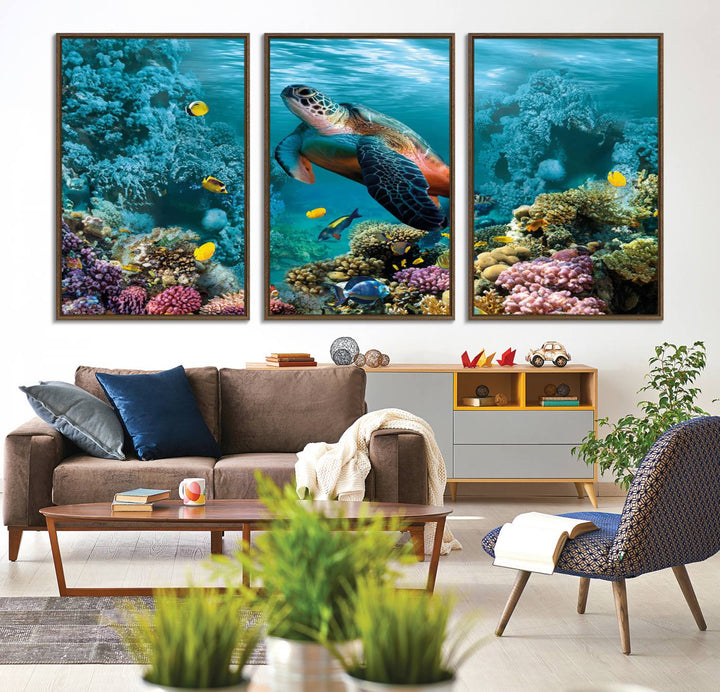 38661-MGV-CV-36X24-Sea Turtle and Coral Reef Triptych Wall Art – Vibrant Underwater Scene Canvas Set for Ocean Lovers and Coastal Decor – Ready to Hang 3-Panel