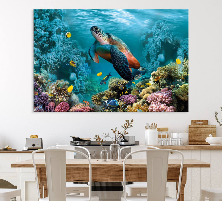 Sea Turtle and Coral Reef Triptych Wall Art – Vibrant Underwater Scene Canvas Set for Ocean Lovers and Coastal Decor – Ready to Hang 3-Panel