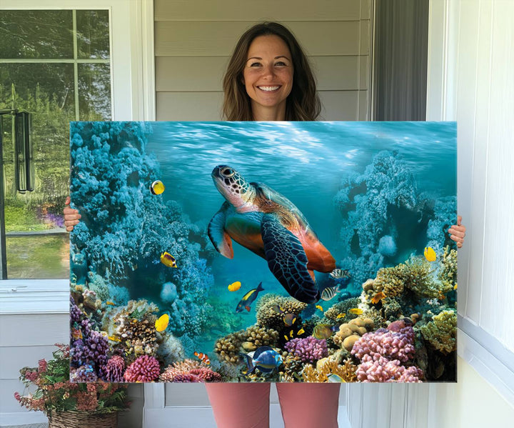 Sea Turtle and Coral Reef Triptych Wall Art – Vibrant Underwater Scene Canvas Set for Ocean Lovers and Coastal Decor – Ready to Hang 3-Panel