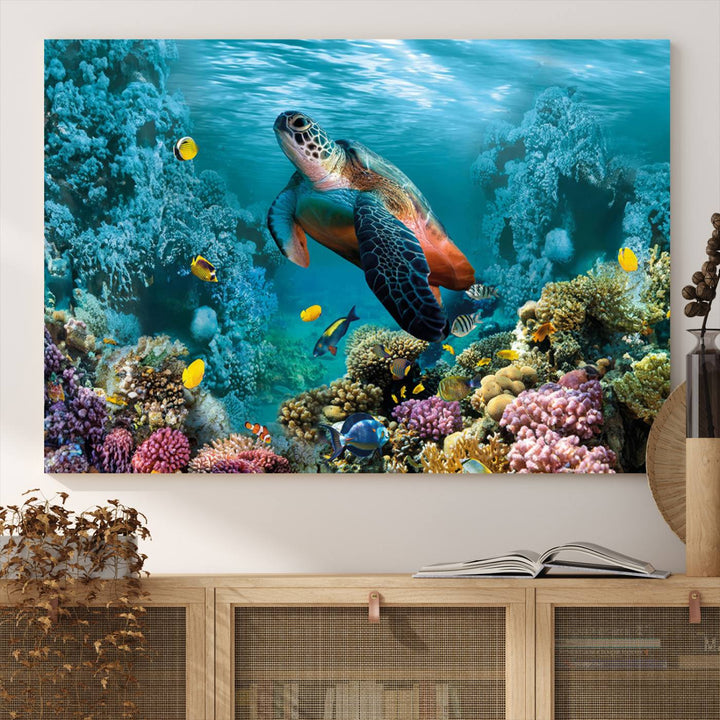Sea Turtle and Coral Reef Triptych Wall Art – Vibrant Underwater Scene Canvas Set for Ocean Lovers and Coastal Decor – Ready to Hang 3-Panel