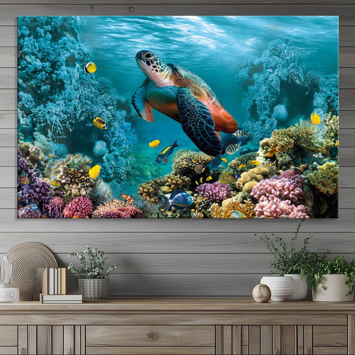 Sea Turtle and Coral Reef Triptych Wall Art – Vibrant Underwater Scene Canvas Set for Ocean Lovers and Coastal Decor – Ready to Hang 3-Panel