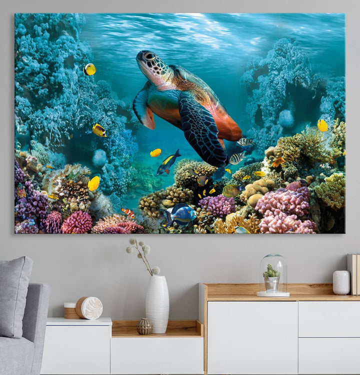 Sea Turtle and Coral Reef Triptych Wall Art – Vibrant Underwater Scene Canvas Set for Ocean Lovers and Coastal Decor – Ready to Hang 3-Panel