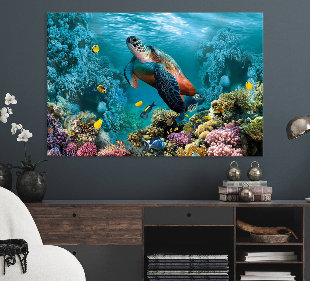 Sea Turtle and Coral Reef Triptych Wall Art – Vibrant Underwater Scene Canvas Set for Ocean Lovers and Coastal Decor – Ready to Hang 3-Panel
