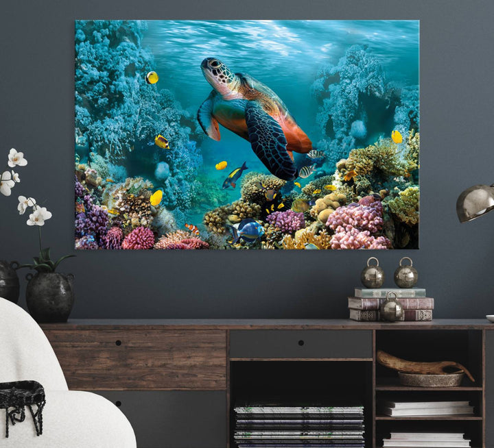 Sea Turtle and Coral Reef Triptych Wall Art – Vibrant Underwater Scene Canvas Set for Ocean Lovers and Coastal Decor – Ready to Hang 3-Panel