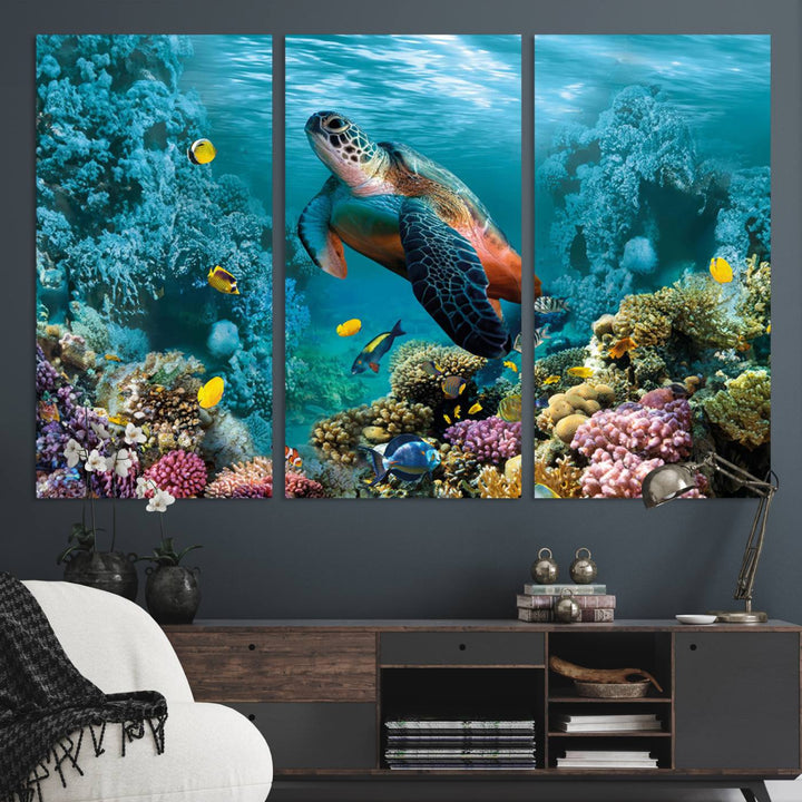 Sea Turtle and Coral Reef Triptych Wall Art – Vibrant Underwater Scene Canvas Set for Ocean Lovers and Coastal Decor – Ready to Hang 3-Panel