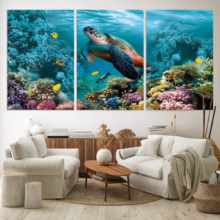 Sea Turtle and Coral Reef Triptych Wall Art – Vibrant Underwater Scene Canvas Set for Ocean Lovers and Coastal Decor – Ready to Hang 3-Panel