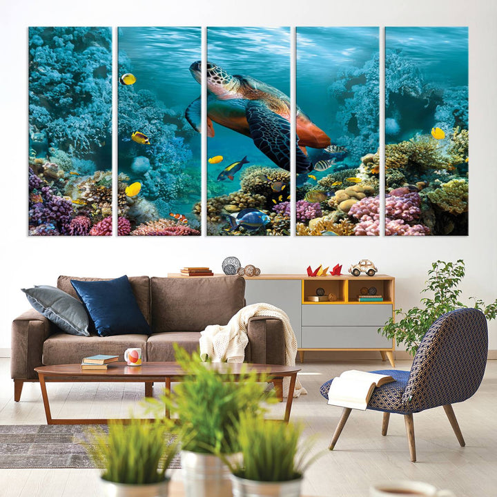 Sea Turtle and Coral Reef Triptych Wall Art – Vibrant Underwater Scene Canvas Set for Ocean Lovers and Coastal Decor – Ready to Hang 3-Panel