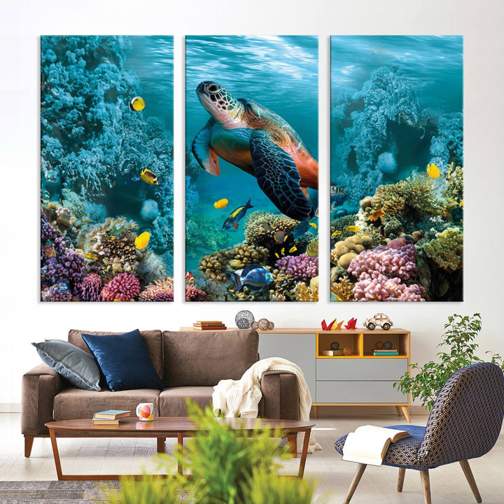 Sea Turtle and Coral Reef Triptych Wall Art – Vibrant Underwater Scene Canvas Set for Ocean Lovers and Coastal Decor – Ready to Hang 3-Panel
