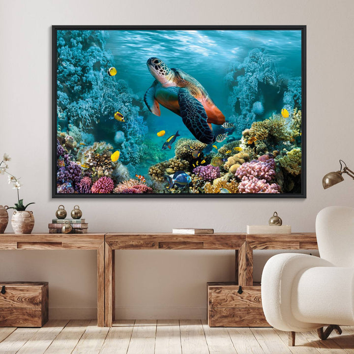 38661-MGV-FC-36X24_Black-Sea Turtle and Coral Reef Triptych Wall Art – Vibrant Underwater Scene Canvas Set for Ocean Lovers and Coastal Decor – Ready to Hang 3-Panel