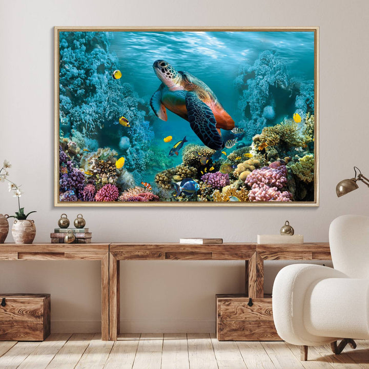 Sea Turtle and Coral Reef Triptych Wall Art – Vibrant Underwater Scene Canvas Set for Ocean Lovers and Coastal Decor – Ready to Hang 3-Panel