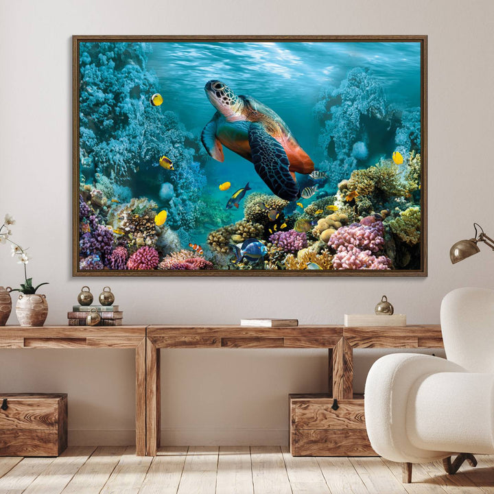 Sea Turtle and Coral Reef Triptych Wall Art – Vibrant Underwater Scene Canvas Set for Ocean Lovers and Coastal Decor – Ready to Hang 3-Panel