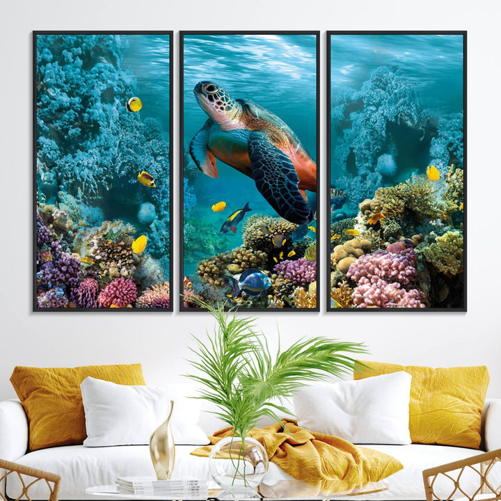 38661-MGV-FC-48X32-3P_Black-Sea Turtle and Coral Reef Triptych Wall Art – Vibrant Underwater Scene Canvas Set for Ocean Lovers and Coastal Decor – Ready to Hang 3-Panel