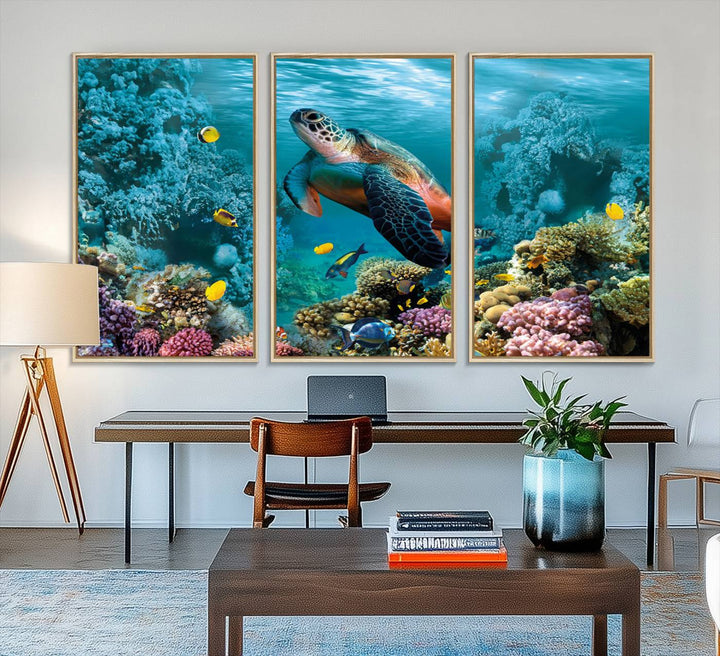 38661-MGV-FC-48X32-3P_Natural-Sea Turtle and Coral Reef Triptych Wall Art – Vibrant Underwater Scene Canvas Set for Ocean Lovers and Coastal Decor – Ready to Hang 3-Panel
