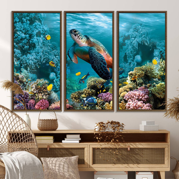 38661-MGV-FC-48X32-3P_Walnut-Sea Turtle and Coral Reef Triptych Wall Art – Vibrant Underwater Scene Canvas Set for Ocean Lovers and Coastal Decor – Ready to Hang 3-Panel