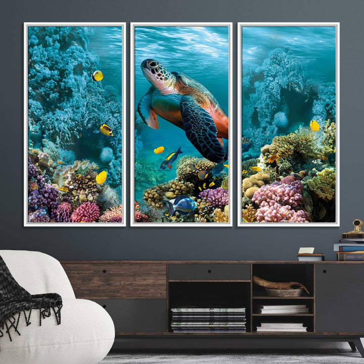 38661-MGV-FC-48X32-3P_White-Sea Turtle and Coral Reef Triptych Wall Art – Vibrant Underwater Scene Canvas Set for Ocean Lovers and Coastal Decor – Ready to Hang 3-Panel