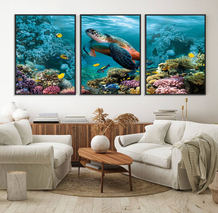 38661-MGV-FC-60X30-3P_Black-Sea Turtle and Coral Reef Triptych Wall Art – Vibrant Underwater Scene Canvas Set for Ocean Lovers and Coastal Decor – Ready to Hang 3-Panel