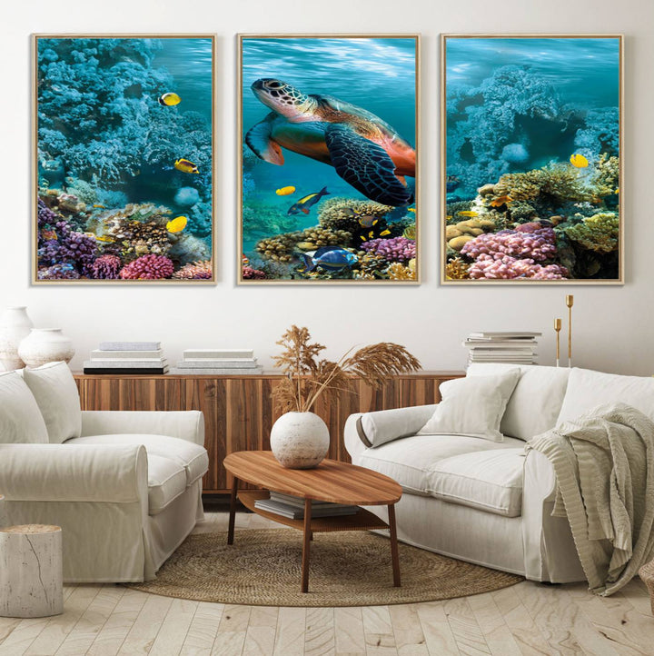 38661-MGV-FC-60X30-3P_Natural-Sea Turtle and Coral Reef Triptych Wall Art – Vibrant Underwater Scene Canvas Set for Ocean Lovers and Coastal Decor – Ready to Hang 3-Panel