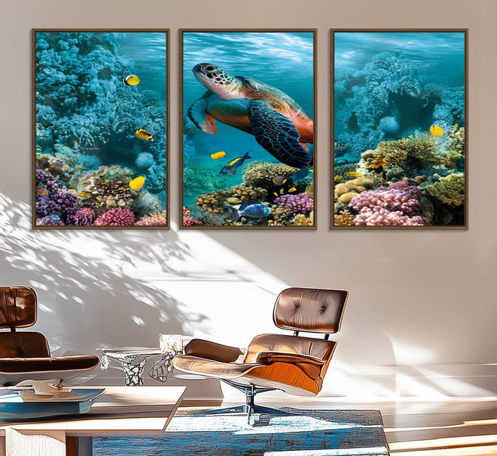 38661-MGV-FC-60X30-3P_Walnut-Sea Turtle and Coral Reef Triptych Wall Art – Vibrant Underwater Scene Canvas Set for Ocean Lovers and Coastal Decor – Ready to Hang 3-Panel