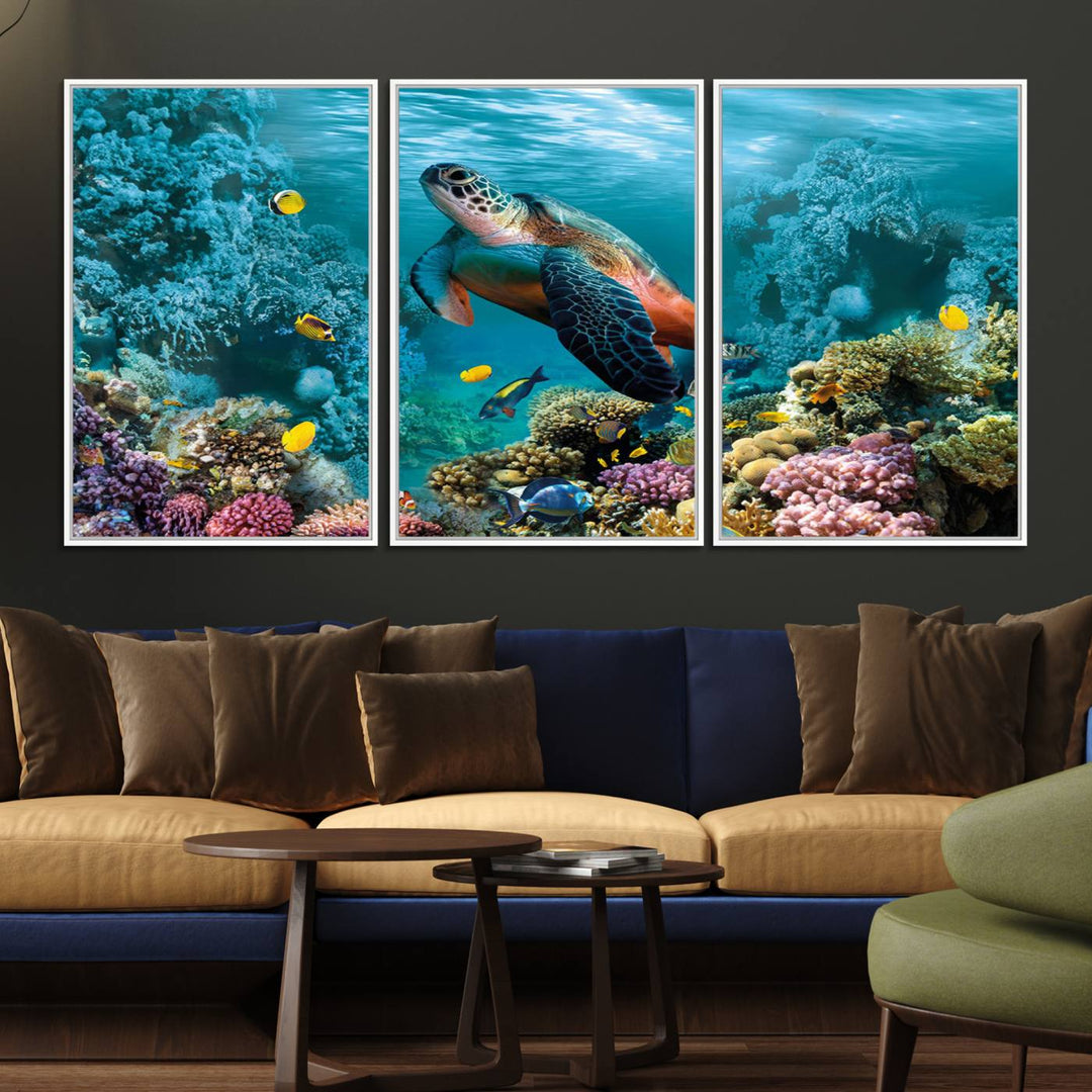 38661-MGV-FC-60X30-3P_White-Sea Turtle and Coral Reef Triptych Wall Art – Vibrant Underwater Scene Canvas Set for Ocean Lovers and Coastal Decor – Ready to Hang 3-Panel