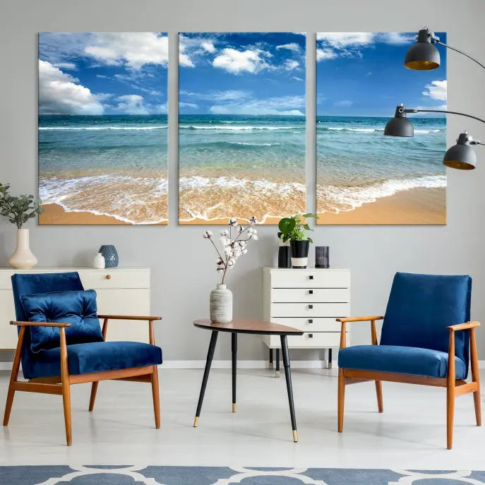 The "Sea View From the Beach Canvas Print" triptych adorns the wall. Each piece is printed on museum-quality canvas, ready to hang, and designed to preserve its vibrant colors with a UV-protective coating.