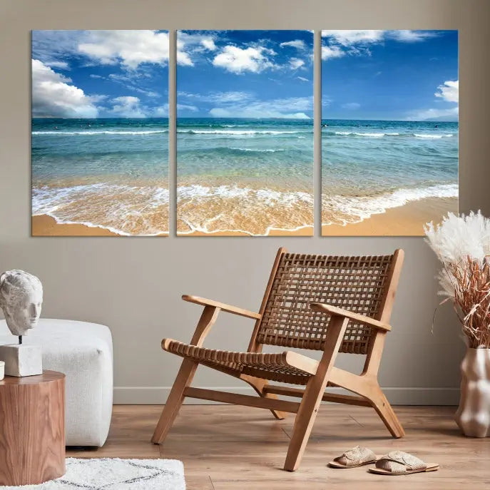 The "Sea View From the Beach Canvas Print" triptych adorns the wall. Each piece is printed on museum-quality canvas, ready to hang, and designed to preserve its vibrant colors with a UV-protective coating.