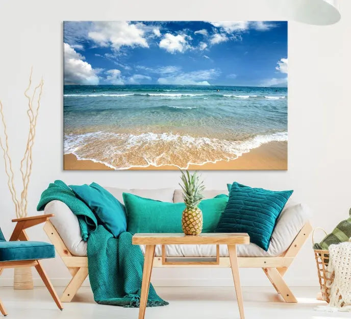 The "Sea View From the Beach Canvas Print" triptych adorns the wall. Each piece is printed on museum-quality canvas, ready to hang, and designed to preserve its vibrant colors with a UV-protective coating.