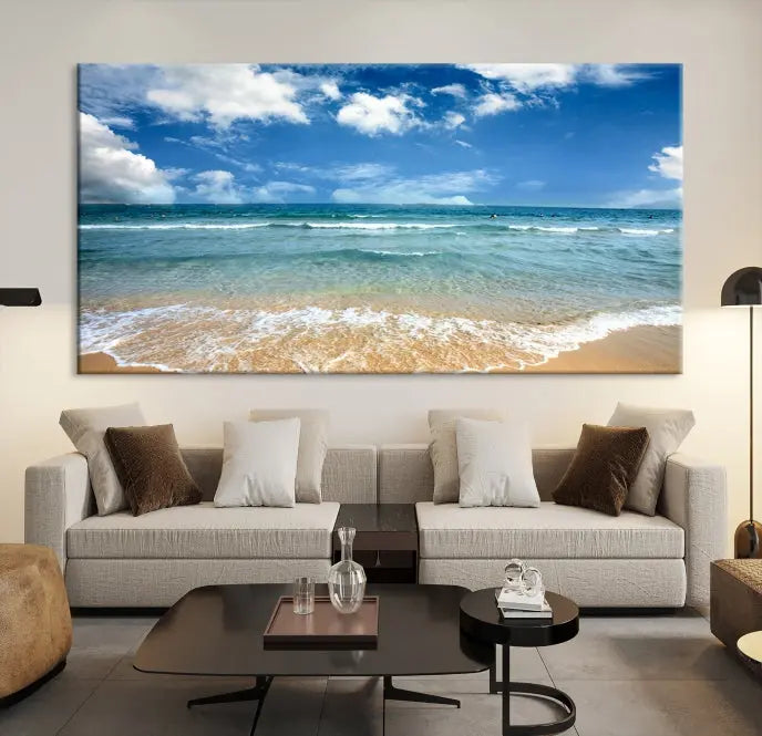 The "Sea View From the Beach Canvas Print" triptych adorns the wall. Each piece is printed on museum-quality canvas, ready to hang, and designed to preserve its vibrant colors with a UV-protective coating.