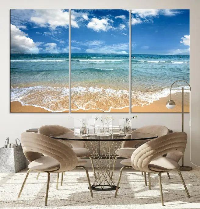 The "Sea View From the Beach Canvas Print" triptych adorns the wall. Each piece is printed on museum-quality canvas, ready to hang, and designed to preserve its vibrant colors with a UV-protective coating.