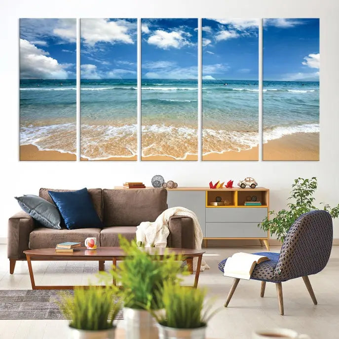 The "Sea View From the Beach Canvas Print" triptych adorns the wall. Each piece is printed on museum-quality canvas, ready to hang, and designed to preserve its vibrant colors with a UV-protective coating.