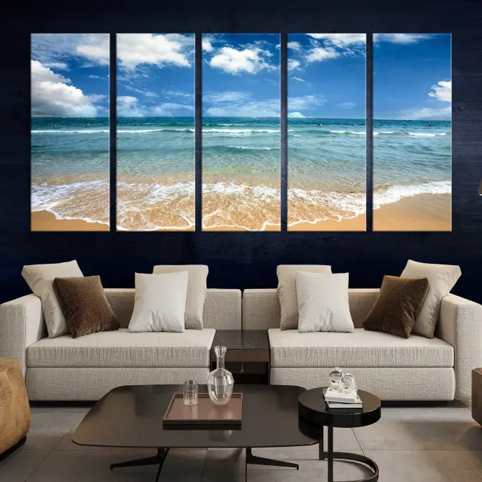 The "Sea View From the Beach Canvas Print" triptych adorns the wall. Each piece is printed on museum-quality canvas, ready to hang, and designed to preserve its vibrant colors with a UV-protective coating.