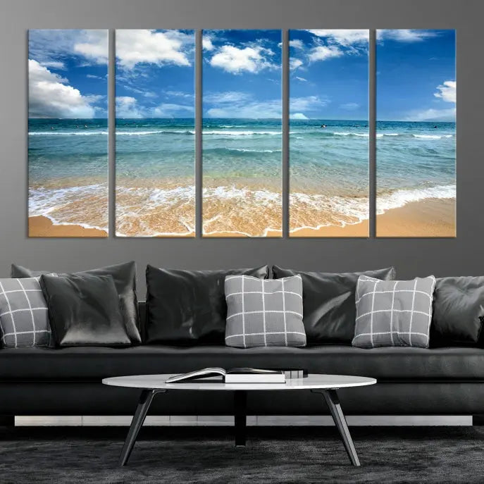 The "Sea View From the Beach Canvas Print" triptych adorns the wall. Each piece is printed on museum-quality canvas, ready to hang, and designed to preserve its vibrant colors with a UV-protective coating.