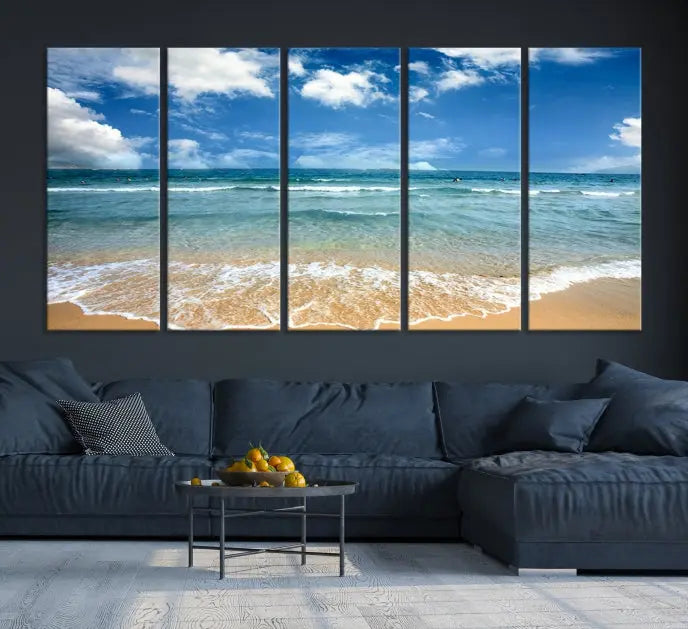 The "Sea View From the Beach Canvas Print" triptych adorns the wall. Each piece is printed on museum-quality canvas, ready to hang, and designed to preserve its vibrant colors with a UV-protective coating.