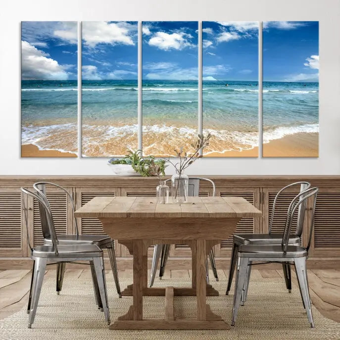 The "Sea View From the Beach Canvas Print" triptych adorns the wall. Each piece is printed on museum-quality canvas, ready to hang, and designed to preserve its vibrant colors with a UV-protective coating.