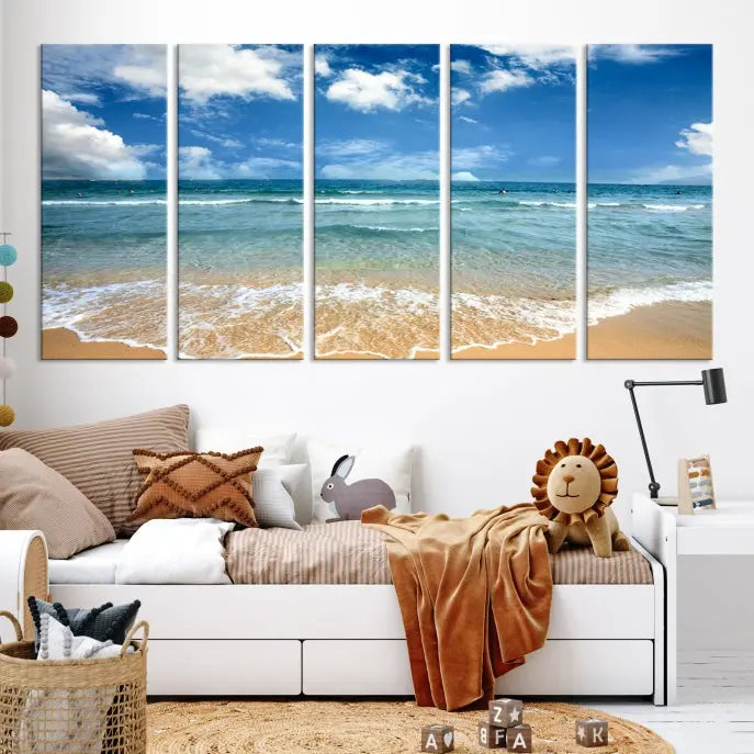 The "Sea View From the Beach Canvas Print" triptych adorns the wall. Each piece is printed on museum-quality canvas, ready to hang, and designed to preserve its vibrant colors with a UV-protective coating.