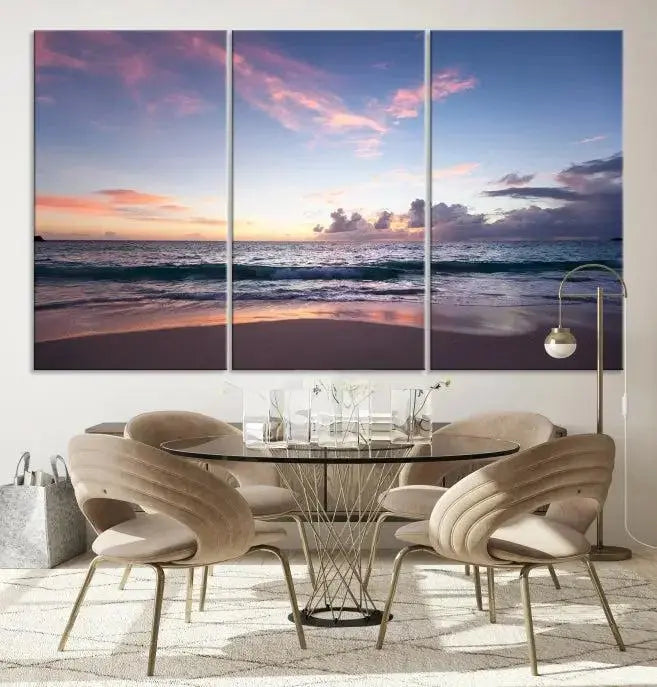 A triptych of the "Sea and Beach Wall Art Canvas Print" hangs elegantly in the modern living room. The gallery-wrapped artwork, printed on museum-quality canvas, is beautifully enhanced by its elegantly hand-assembled frame, adding an elegant touch to the space.