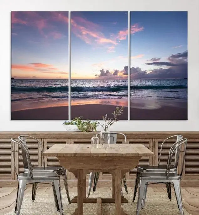 A triptych of the "Sea and Beach Wall Art Canvas Print" hangs elegantly in the modern living room. The gallery-wrapped artwork, printed on museum-quality canvas, is beautifully enhanced by its elegantly hand-assembled frame, adding an elegant touch to the space.